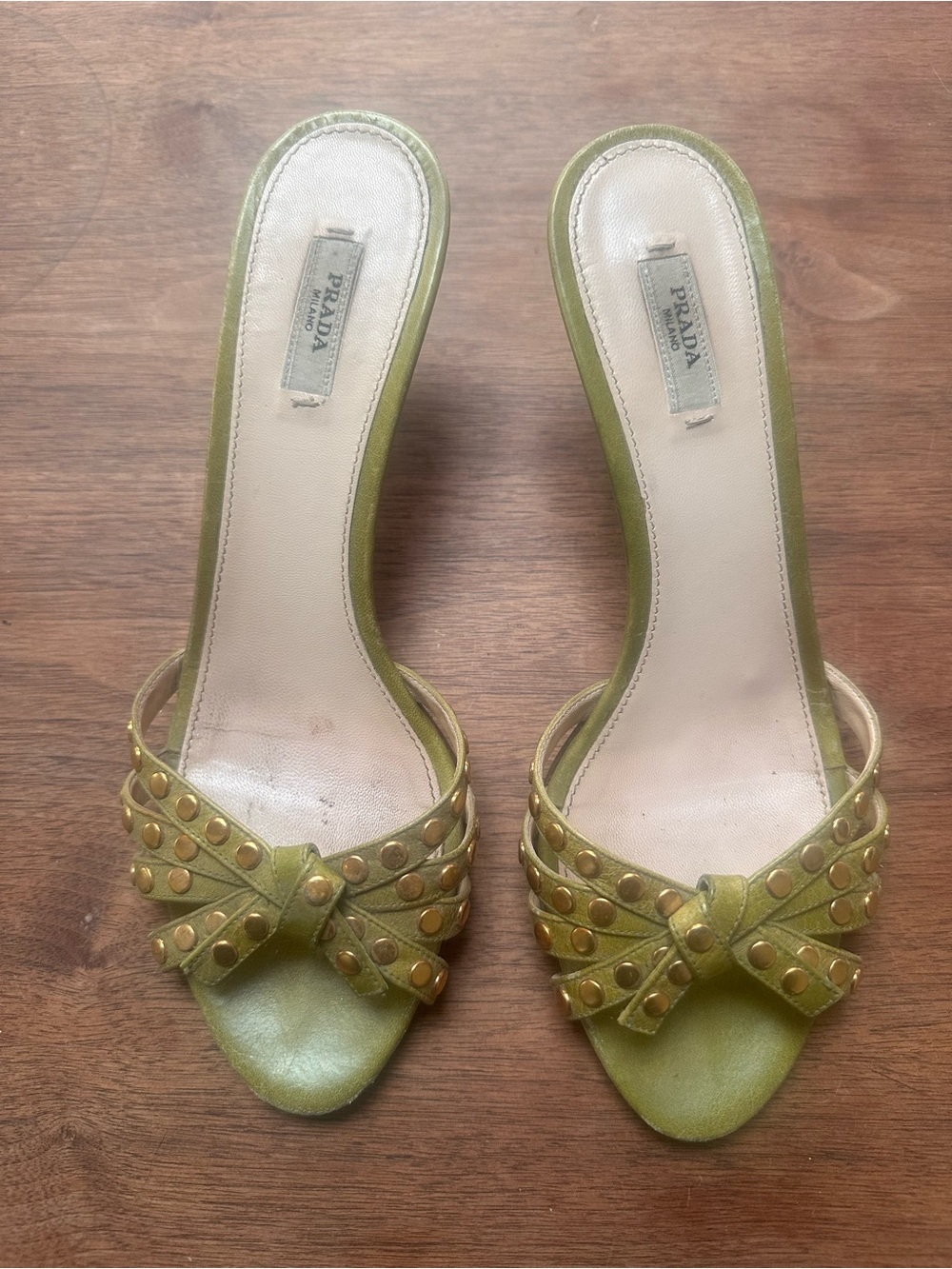 Prada Olive Green Knot-Front Stud Kitten Heel Sandals